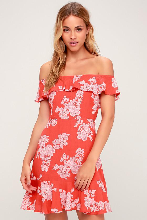Sweetest Retreat Coral Pink Floral Print Off-the-shoulder Dress | Lulus