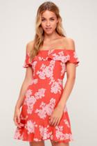 Sweetest Retreat Coral Pink Floral Print Off-the-shoulder Dress | Lulus