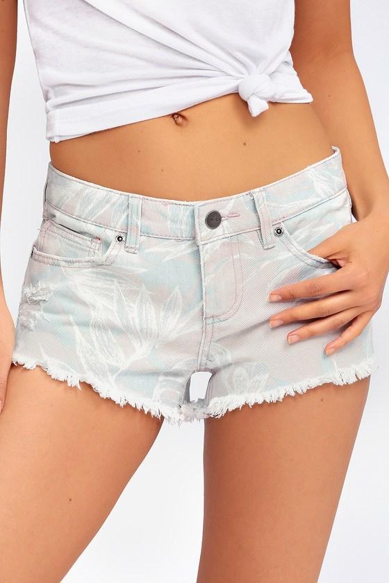 Rvca Hello Mellow Washed Grey Tropical Print Distressed Denim Shorts | Lulus