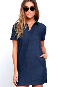 Lulus Friday Luncheon Dark Blue Chambray Shirt Dress