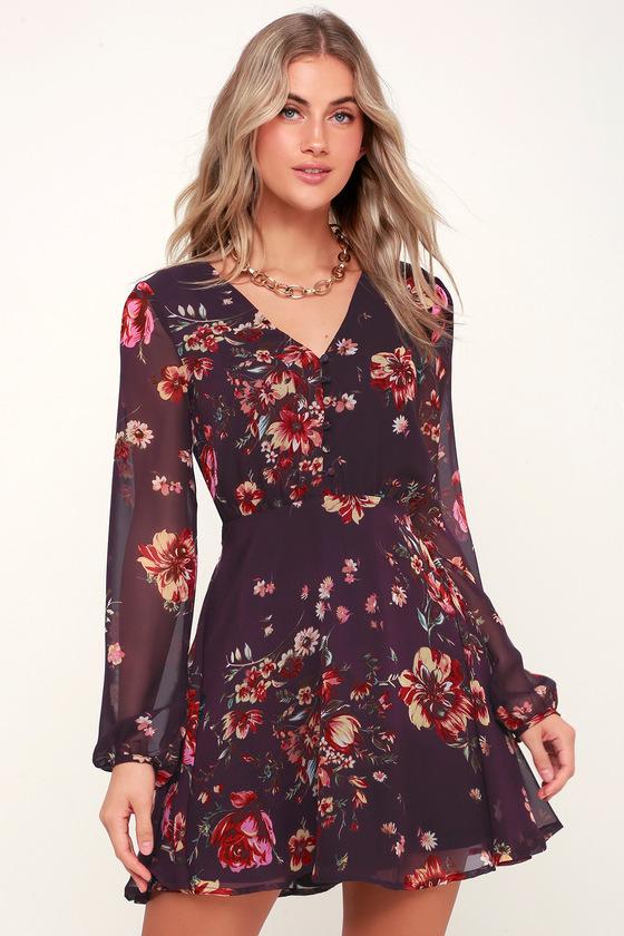 Always Yours Plum Purple Floral Print Long Sleeve Skater Dress | Lulus
