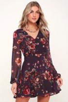 Always Yours Plum Purple Floral Print Long Sleeve Skater Dress | Lulus