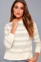 O'neill | Livie Cream And Grey Striped Funnel Neck Knit Sweater | Size Large | White | 100% Cotton | Lulus