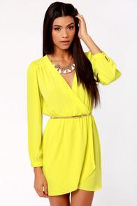 Honey Punch That's A Wrap Neon Yellow Long Sleeve Dress