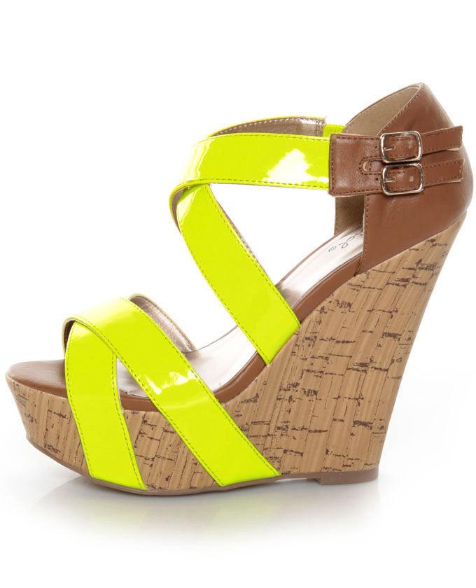Qupid Finder 48 Neon Yellow Patent Platform Wedges