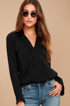 Lulus | Down To Business Black Long Sleeve Wrap Top | Size Large | 100% Polyester