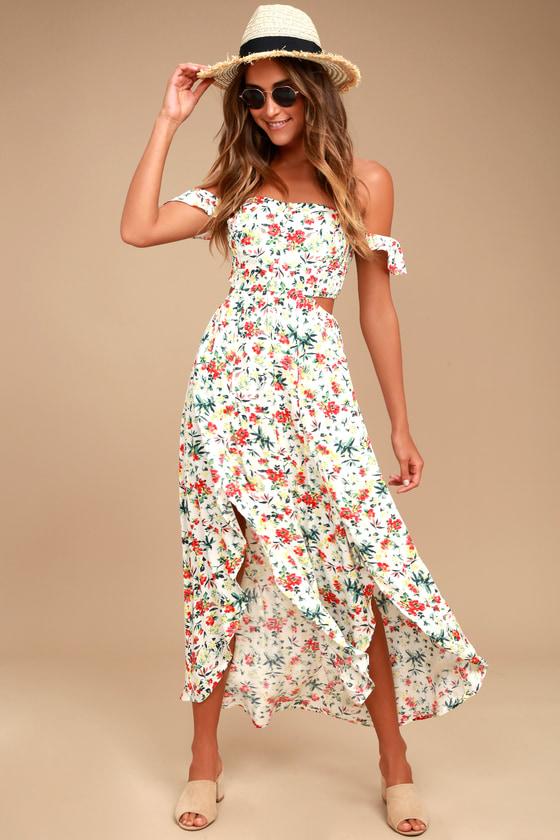 Lush Easy On The Eyes Cream Floral Print Off-the-shoulder Midi Dress | Lulus
