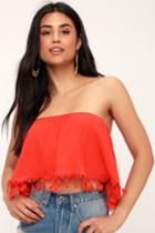 In No Time Coral Red Strapless Crop Top | Lulus
