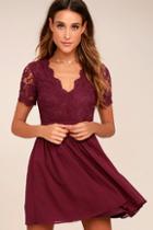 Lulus Angel In Disguise Burgundy Lace Skater Dress