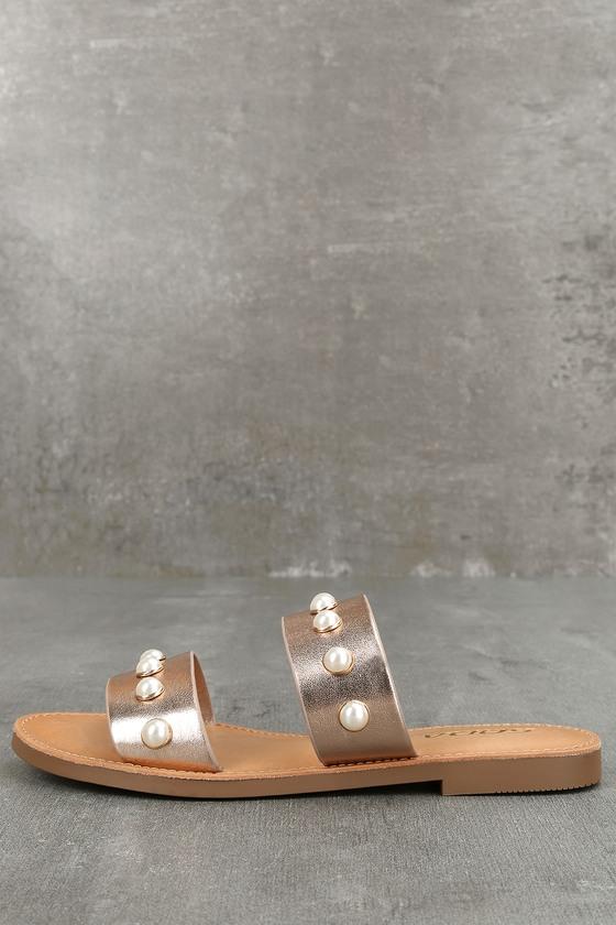 Soda | Lexie Dark Penny Pearl Slide Sandal Heels | Size 5.5 | Pink | Vegan Friendly | Lulus