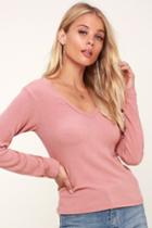 Project Social T Tilbury Mauve Pink Ribbed V-neck Long Sleeve Top | Lulus