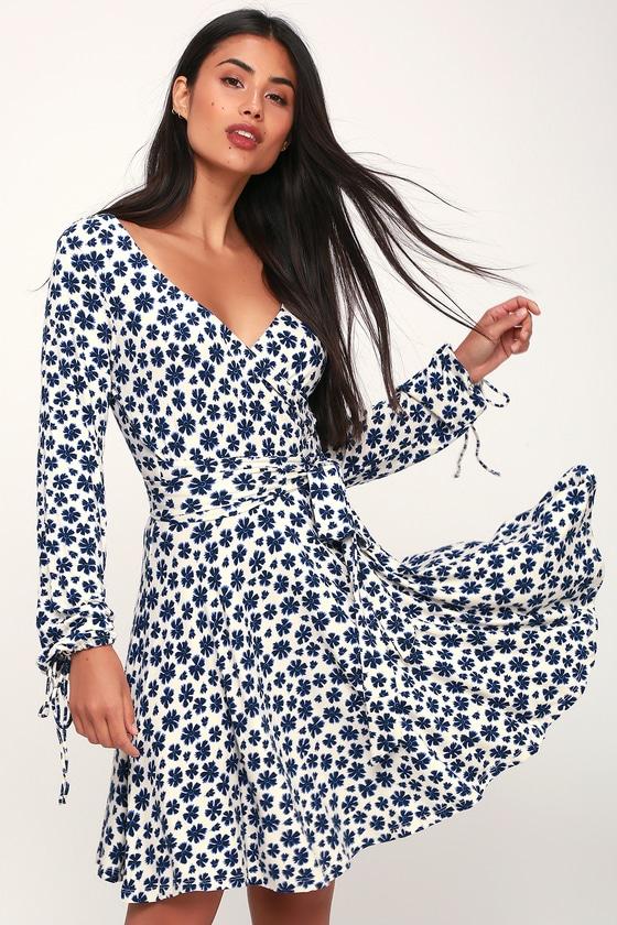 Free People Pradera Ivory Floral Print Long Sleeve Wrap Mini Dress | Lulus