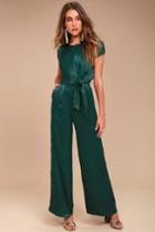 Lulus | Let Me Entertain You Forest Green Satin Wide-leg Jumpsuit | Size Large | 100% Polyester