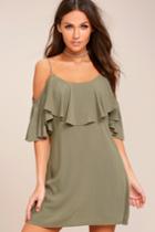 Lulus | Sweet Treat Olive Green Off-the-shoulder Dress | Size Large | 100% Rayon