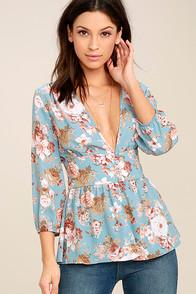 Lulus Reflections Of Me Light Blue Floral Print Top