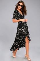 Lulus | Wild Winds Black Floral Print High-low Wrap Dress | Size Large | 100% Polyester
