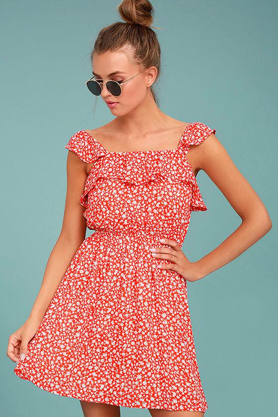 Moon River | Dottie Red Floral Print Dress | Size Large | 100% Polyester | Lulus