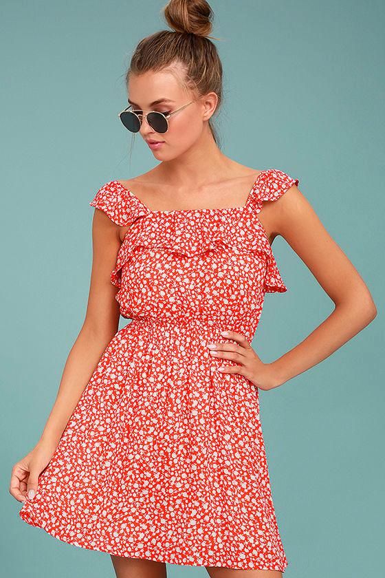 Moon River | Dottie Red Floral Print Dress | Size Large | 100% Polyester | Lulus