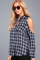 Lulus To The Beat Navy Blue Plaid Cold-shoulder Top