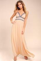 Lulus | Giza Blush Pink Embroidered Maxi Dress | Size Large | 100% Polyester