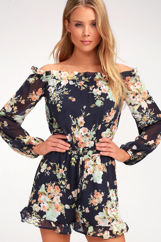 How's It Growing? Navy Blue Floral Print Off-the-shoulder Romper | Lulus
