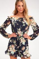 How's It Growing? Navy Blue Floral Print Off-the-shoulder Romper | Lulus