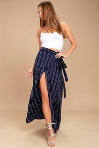 Lulus Whole Wide World Navy Blue Print Wrap Maxi Skirt