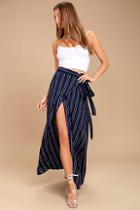 Lulus Whole Wide World Navy Blue Print Wrap Maxi Skirt