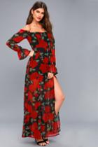 Re:named | Final Rose Black Floral Print Off-the-shoulder Maxi Dress | Size Medium | Red | 100% Polyester | Lulus