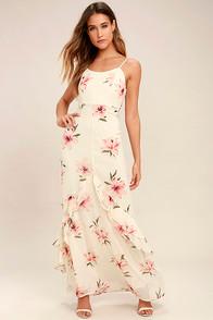 Lulus Bring The Rain Cream Floral Print Maxi Dress