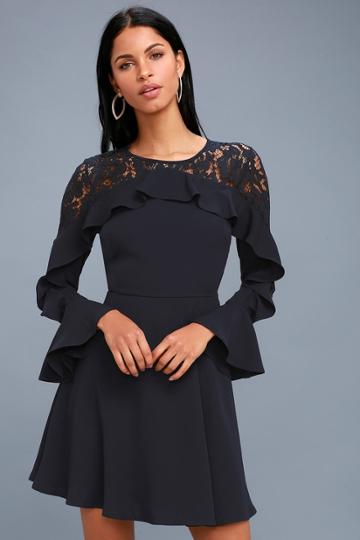 Secret Kiss Navy Blue Lace Long Sleeve Dress | Lulus