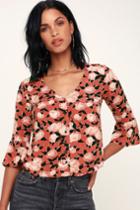 Obey Caffe Rusty Rose Floral Print Flounce Sleeve Button-up Top | Lulus