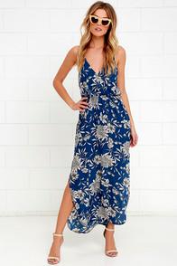 Lush Along The Waterway Blue Floral Print Midi Dress