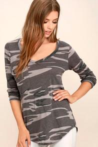 Z Supply Rank And Style Grey Camo Print Long Sleeve Top