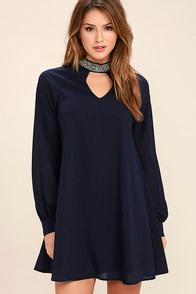 Love Riche So Into You Navy Blue Beaded Long Sleeve Shift Dress