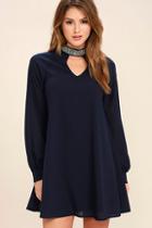 Love Riche So Into You Navy Blue Beaded Long Sleeve Shift Dress