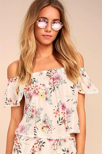 Lulus | Glad Tidings White Floral Print Off-the-shoulder Crop Top | Size Large | 100% Rayon