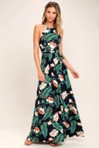 Lulus | Temptation Island Navy Blue Floral Print Maxi Dress | Size Large | 100% Rayon