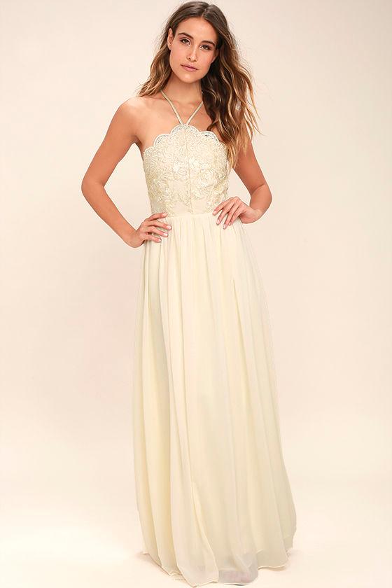 Lulus | Stroll The Esplanade Cream Embroidered Maxi Dress | Size Large | Beige | 100% Polyester