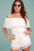Lulus | Oaxaca Ivory Embroidered Off-the-shoulder Romper | Size Medium | White | 100% Polyester