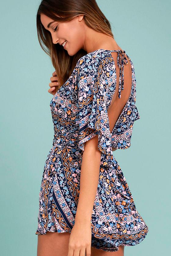 Lulus | Flora Aura Navy Blue Floral Print Romper | Size X-large | 100% Polyester