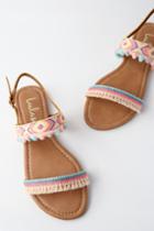 Danica Nude Embroidered Pompom Flat Sandal Heels | Lulus