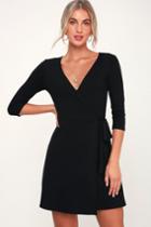 All At Once Black Three-quarter Sleeve Wrap Dress | Lulus