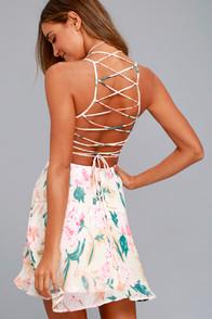 Lulus Natural World Cream Floral Print Lace-up Skater Dress