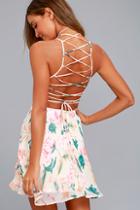 Lulus Natural World Cream Floral Print Lace-up Skater Dress