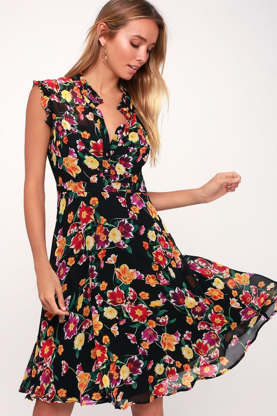 Orchard Views Black Floral Print Ruffled Midi Dress | Lulus