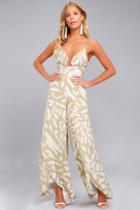 Finders Keepers | Mercurial Beige Print Wide-leg Jumpsuit | Size X-large | 100% Polyester | Lulus