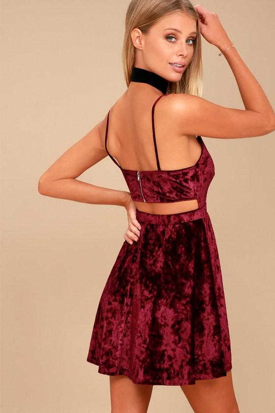 Lulus | Love Is The Key Wine Red Velvet Skater Dress | Size Large | 100% Polyester