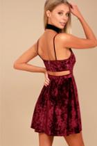 Lulus | Love Is The Key Wine Red Velvet Skater Dress | Size Large | 100% Polyester