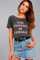 Daydreamer | The Future Is Female Washed Black Tee | Size Large | Grey | Lulus